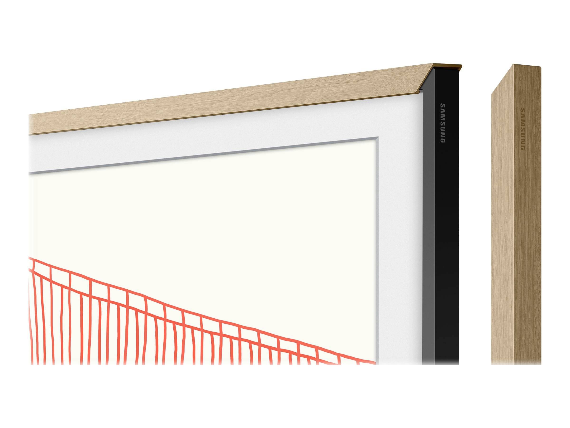 Ein flacher, an der Wand montierter Bildschirm mit einem Holzrahmen, der ein minimalistisches rotes Kunstwerk auf hellem Hintergrund zeigt.