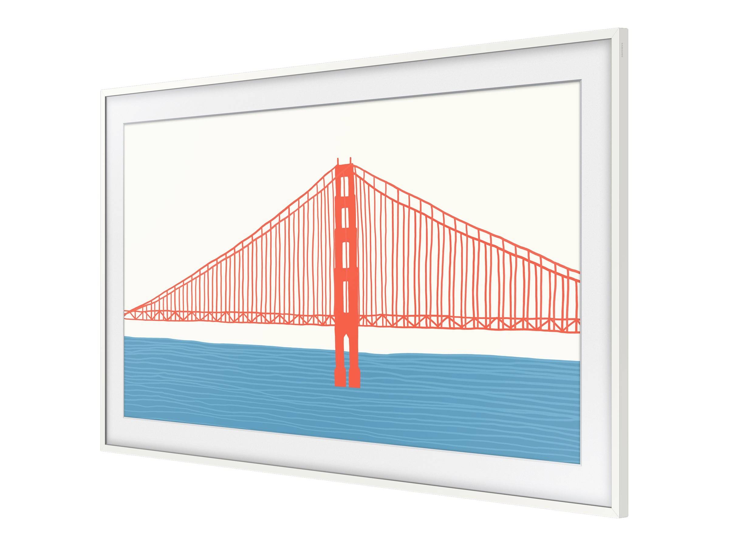 Gezeichnete Darstellung einer Hängebrücke, die über blaues Wasser führt. Die Brücke ist in Rot dargestellt.