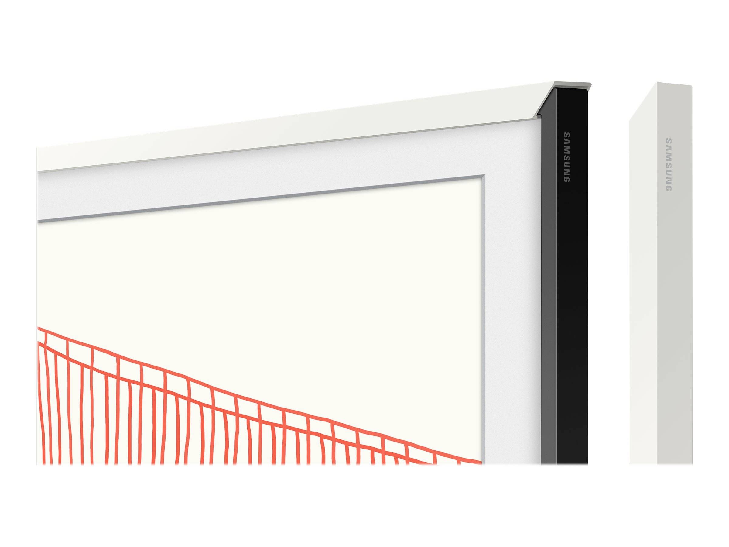 Ein weißer und schwarzer Rahmen für einen Bildschirm, stilvoll und modern, geeignet für Samsung Bildschirme, mit abstraktem Kunstmuster.