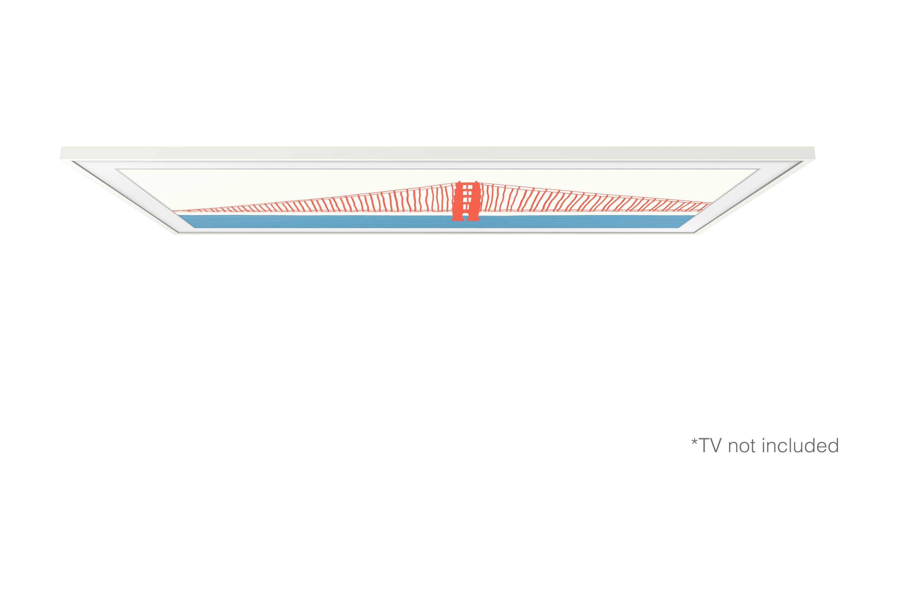 Ein stilisiertes Bild einer rot-orangefarbenen Brücke über blauem Wasser. In der Ecke steht 'TV not included'.
