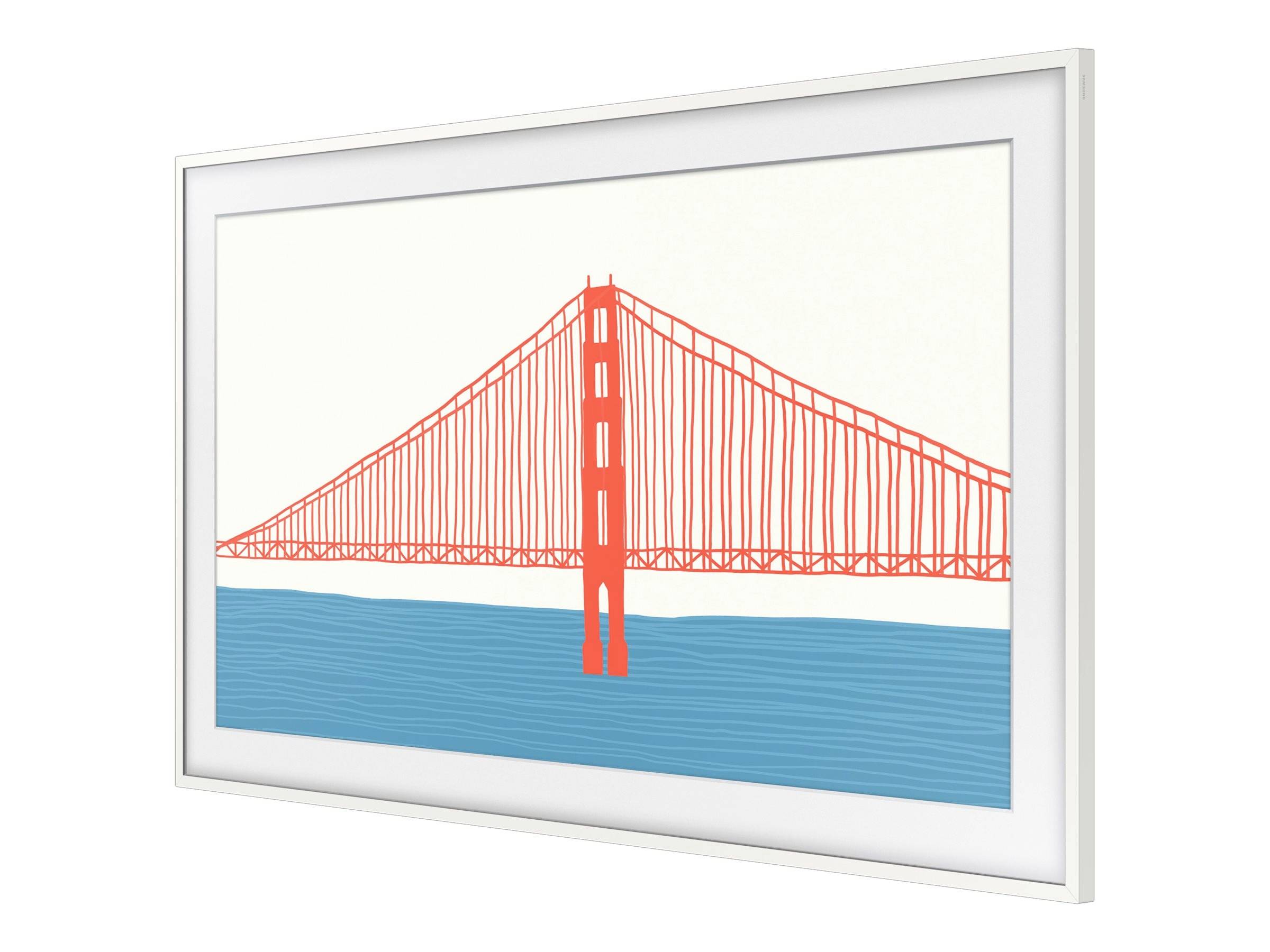 Einfarbige Illustration einer roten Hängebrücke über blauem Wasser, im Querformat in einem weißen Rahmen.