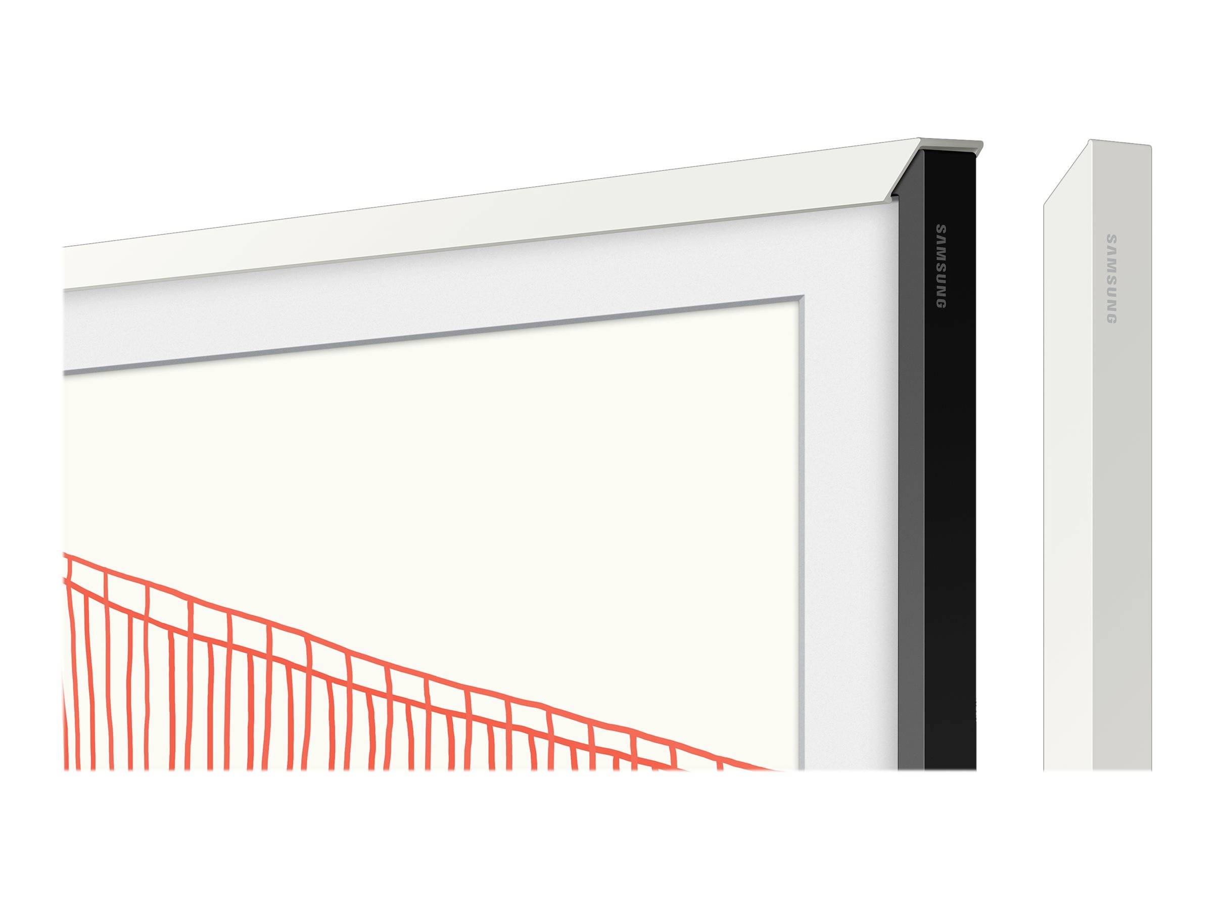 Ein Fernseher mit weißem Rahmen, daran angebracht ein schmaler, abnehmbarer Rahmen in Schwarz. Der weiße Hintergrund zeigt rote Linienmuster.