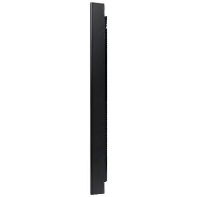 Schwarze, rechteckige, vertikale Kante eines Objekts, möglicherweise eines Bildschirms oder Panels, mit glatter und schmaler Form.