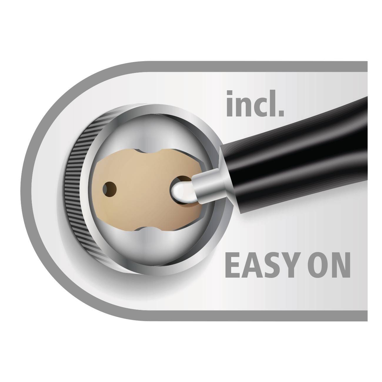 'Detaillierte Nahaufnahme eines Bleistiftanspitzers mit Bleistift und der Aufschrift "incl. EASY ON" in einem grauen Feld.'
