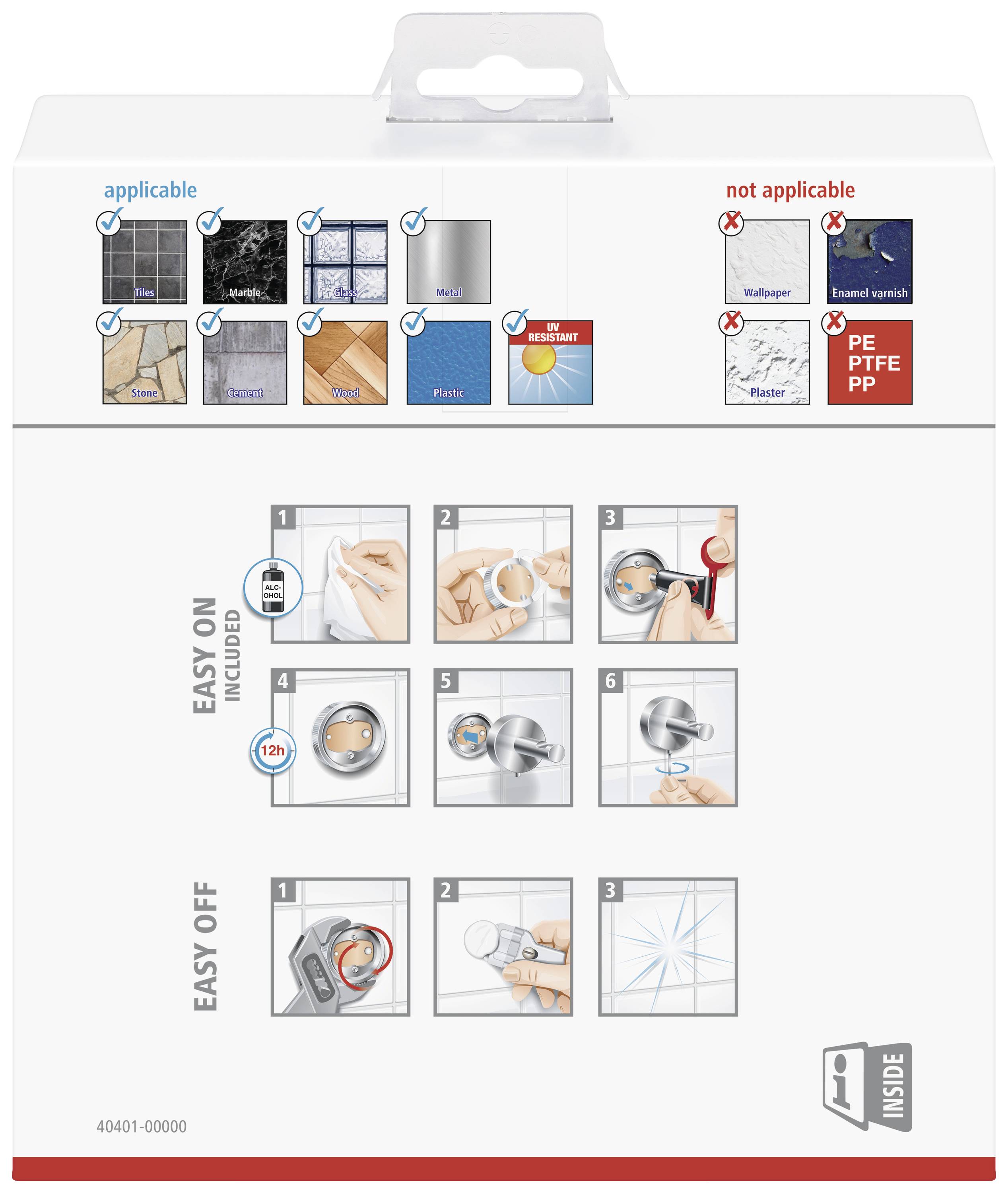 Die Anleitung zeigt die Schritte zur Verwendung eines Klebeprodukts. Oben: anwendbare und nicht anwendbare Oberflächen. Unten: 'Easy On' und 'Easy Off' Anweisungen.