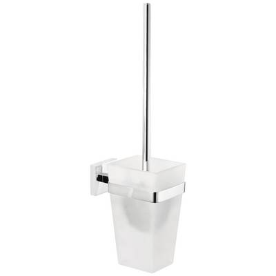 Toilettenbürste mit Halter aus Edelstahl und mattem Glas, an der Wand montiert.