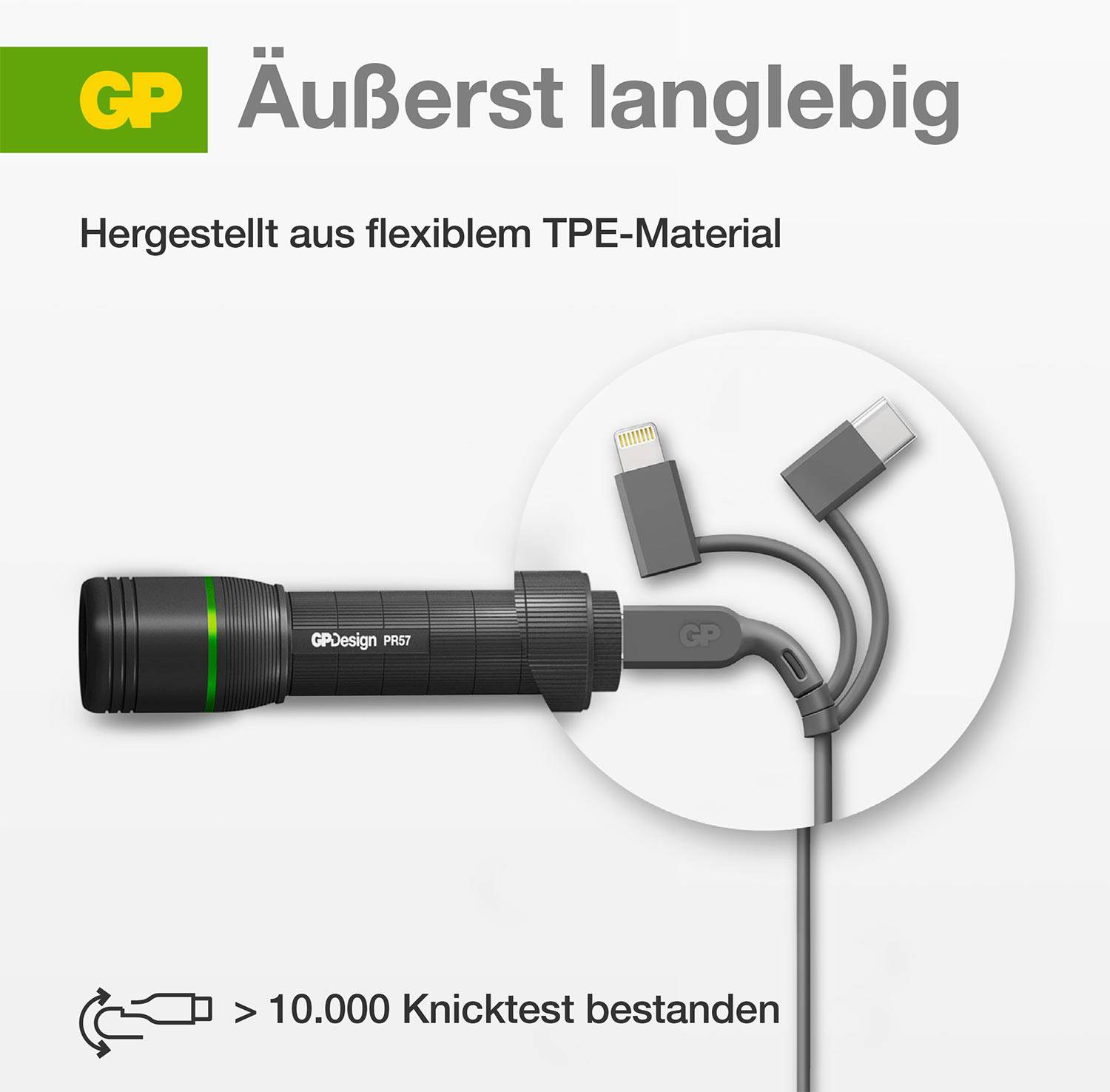 'Äußerst langlebig' steht über einem Bild von flexiblen Ladekabeln und einer Taschenlampe, hergestellt aus TPE-Material.