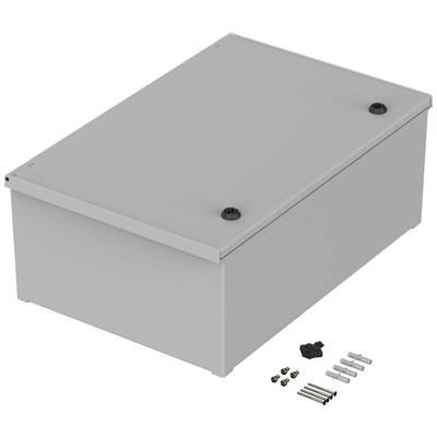 Grauer Metallkasten mit abnehmbarem Deckel, daneben Schrauben und Dübel, verwendet zur sicheren Aufbewahrung von Elektrobauteilen.
