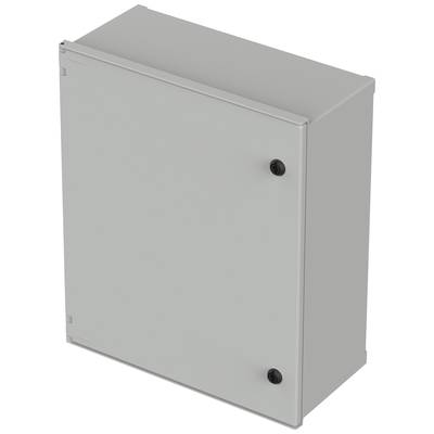 Metallischer Schaltschrank mit zwei schwarzen Verschlüssen an der Vorderseite. Rechteckige, graue Oberfläche.
