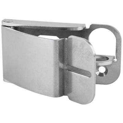 Ein silbernes Metallscharnier mit beweglichen Teilen und einer runden Öffnung, das zur Befestigung oder zum Schwenken verwendet wird.