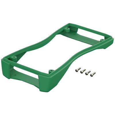 Grüne Kunststoffhalterung mit geschwungenem Design, daneben vier kleine Metallschrauben.