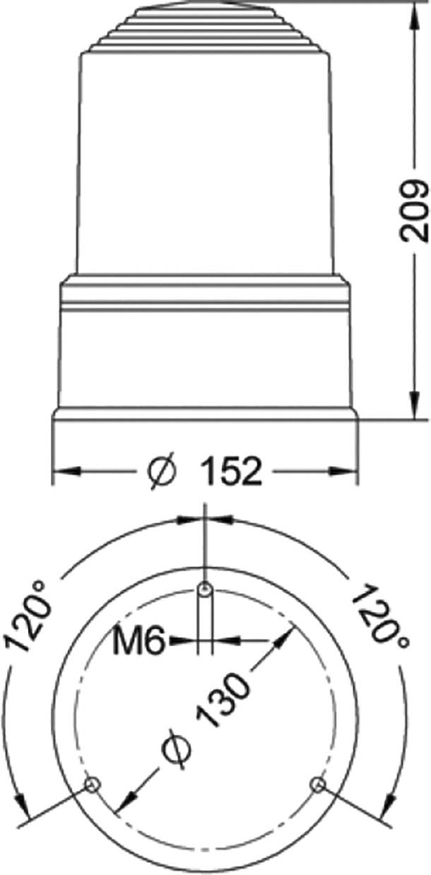 Technische Zeichnung einer zylindrischen Komponente, Höhe 209 mm, Durchmesser 152 mm, Bohrungen bei 120 Grad, M6 Gewinde.