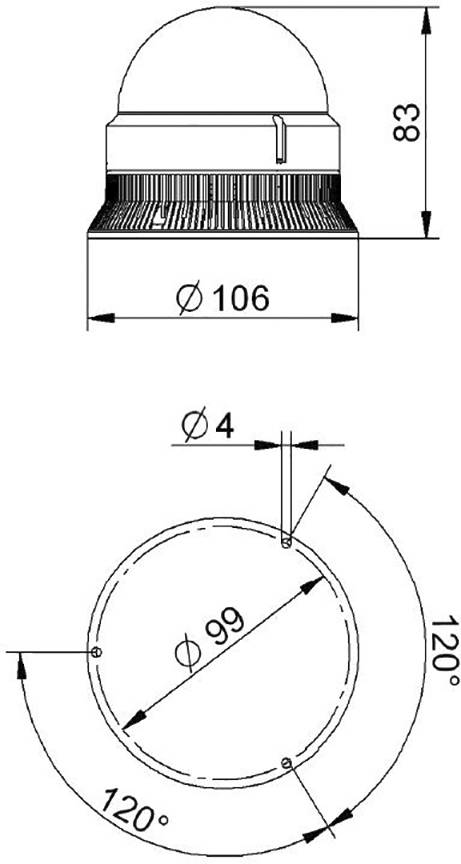 Technische Zeichnung einer runden Kamera mit Abmessungen: Durchmesser 106 mm, Höhe 83 mm, Montageschraubenabstand 99 mm.