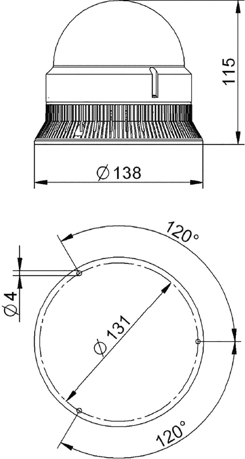Technische Zeichnung einer runden Lampe mit Abmessungen: Höhe 115 mm, Durchmesser 138 mm. Ansicht von vorne und oben mit Bohrungsdetails.