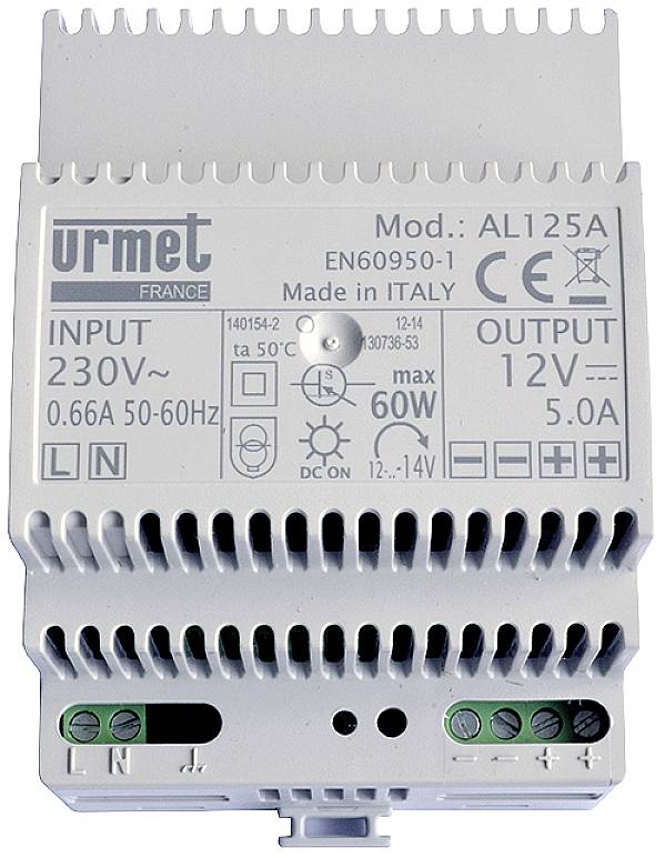 Elektrischer Transformator mit Eingangsleistung 230V und Ausgang 12V, 5A. Gehäusefarbe weiß, Modellnummer AL125A, hergestellt in Italien.