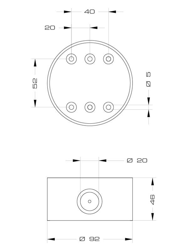 Technische Zeichnung eines zylindrischen Bauteils mit Löchern und Maßangaben. Draufsicht und Seitenansicht zeigen Symmetrien und Durchmesser.