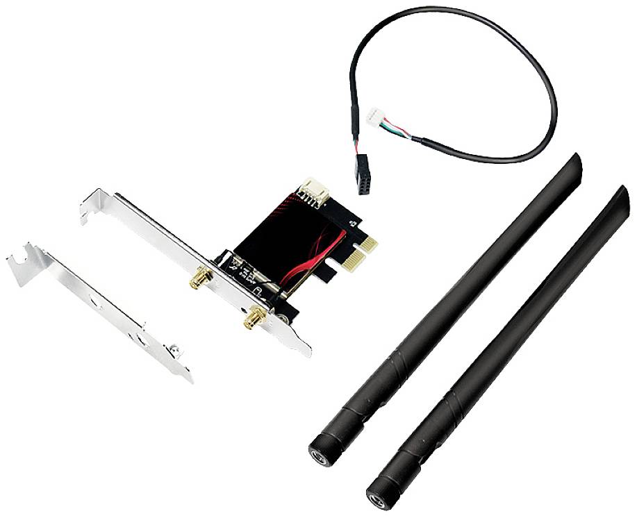 WLAN-Karte mit zwei schwarzen Antennen und einem Anschlusskabel, geeignet für den Einbau in einen Computer zur drahtlosen Verbindung.