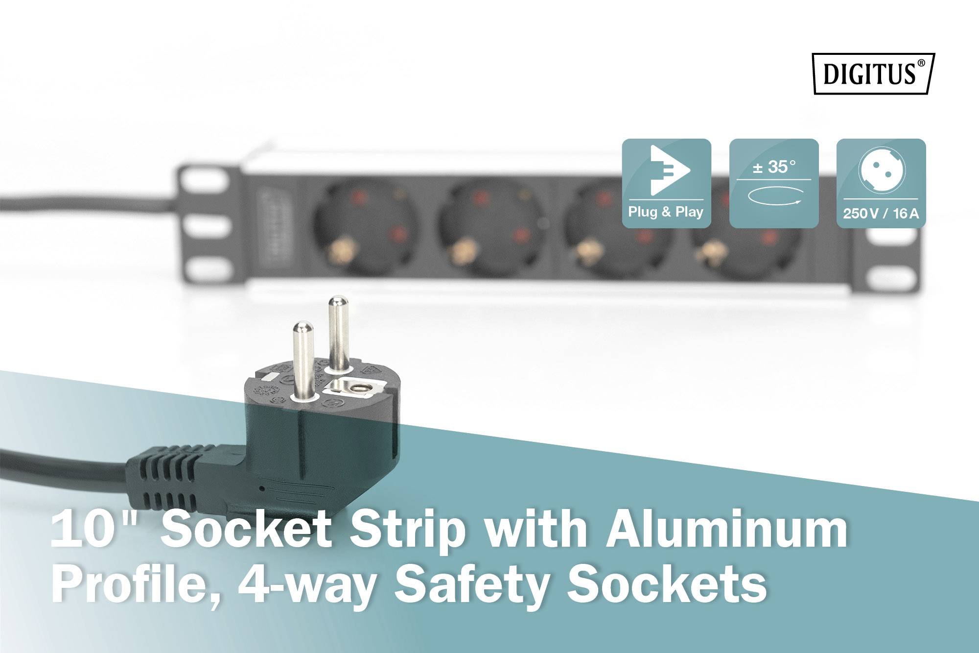'Steckdosenleiste mit Aluminiumprofil, 4-fach Sicherheit, 10", Plug & Play, schwenkbar 35°, 250V/16A.'