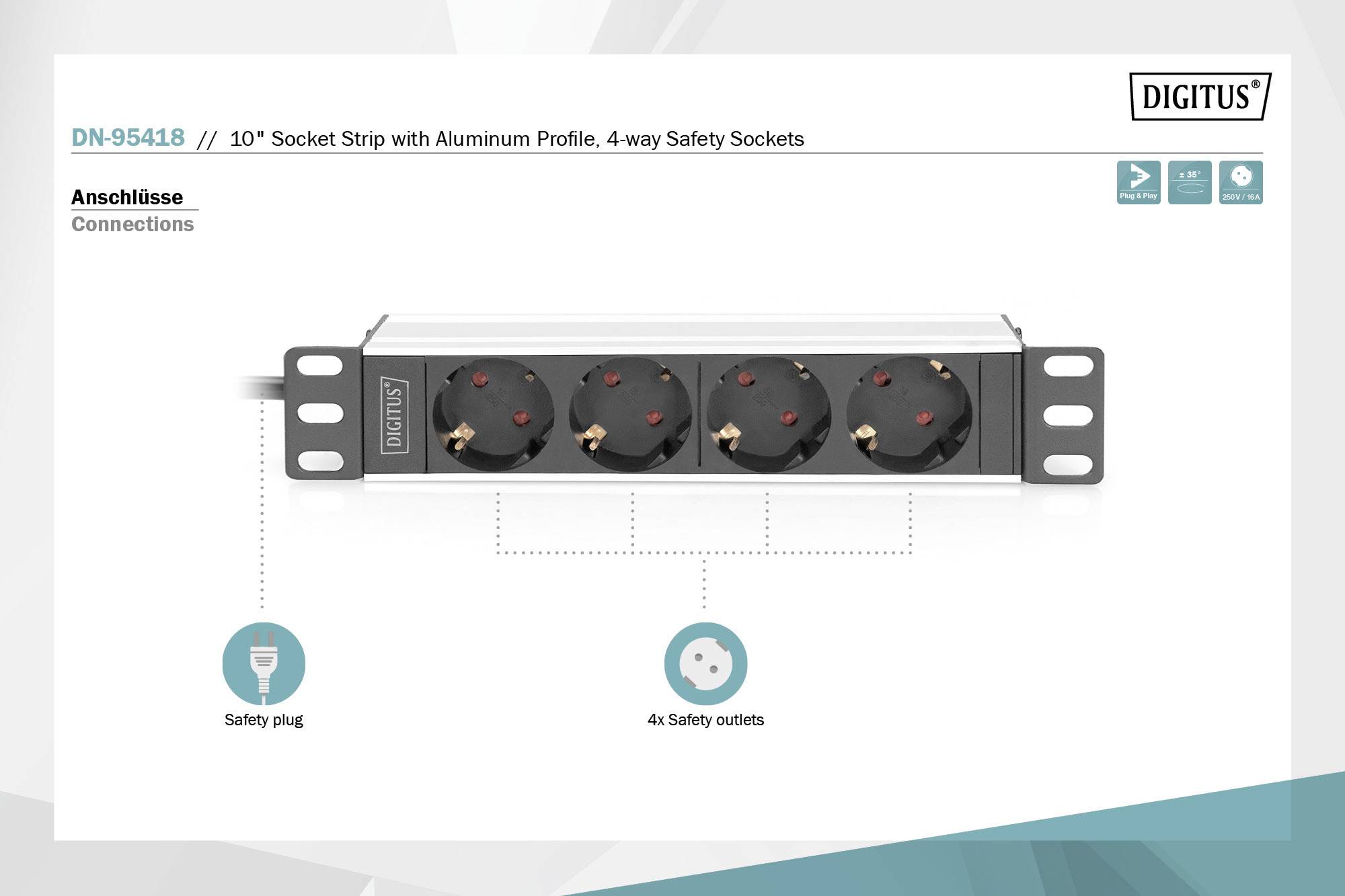 '10" Steckdosenleiste mit Aluminiumprofil' zeigt eine 4-fach Verteilerleiste mit Sicherheitssteckdosen und Sicherheitsstecker.
