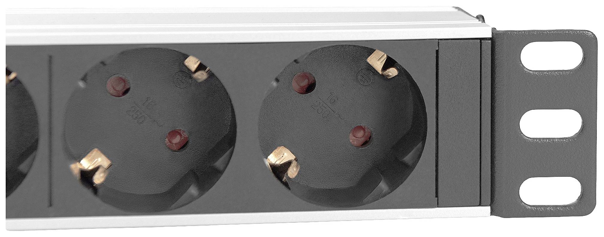 Mehrfachsteckdose mit zwei Schuko-Steckplätzen und Schutzkontakt. Schwarzes Gehäuse mit Halterung zur Befestigung an einer Leiste.