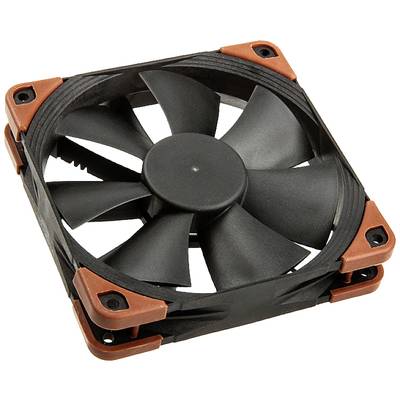 Der schwarze Computer-Lüfter mit neun Rotorblättern und orangefarbenen Ecken, dient zur Kühlung von Computergehäusen.