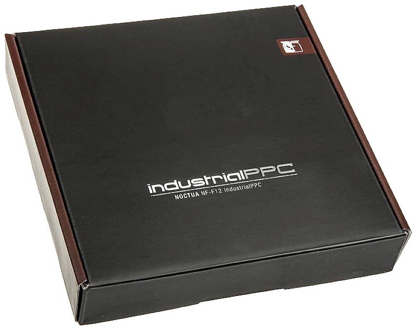 Eine schwarze Verpackung mit der Aufschrift 'industrialPPC NOCTUA NF-F12 industrialPPC', stellt ein Produkt der Marke Noctua dar.
