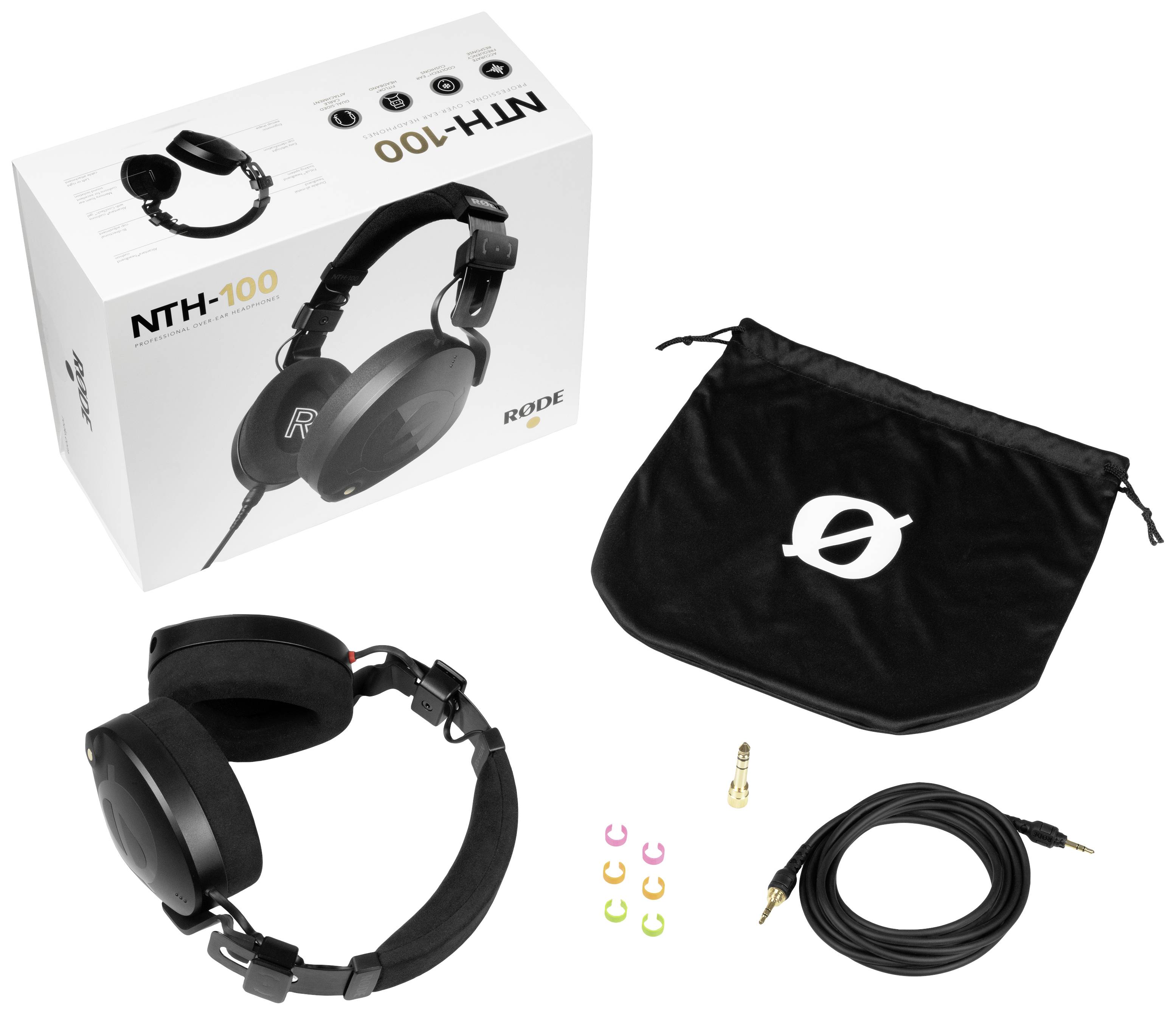 Kopfhörer-Set mit Verpackung, Kopfhörer, Tragetasche, Kabel, Adapter und bunten Kabelmarkierungen.