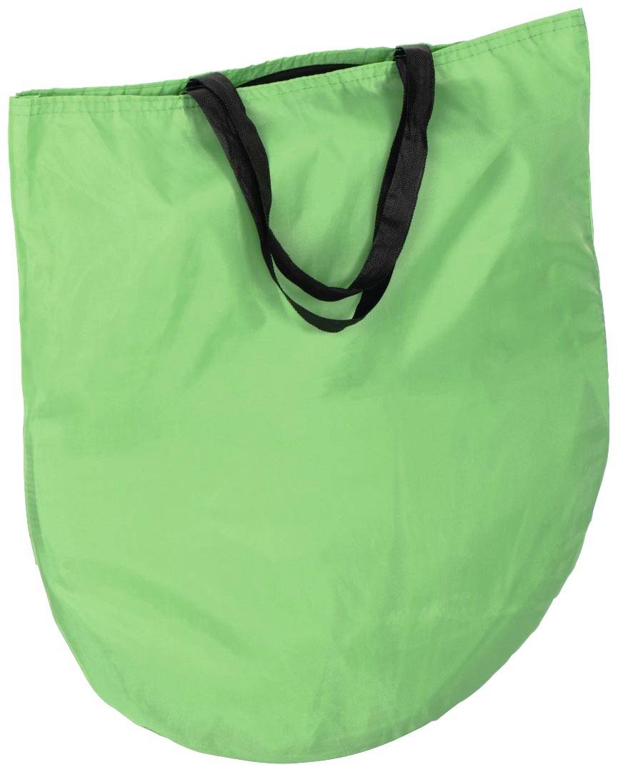 Grüne Stofftasche mit schwarzen Griffen, leer und geöffnet, auf weißem Hintergrund.