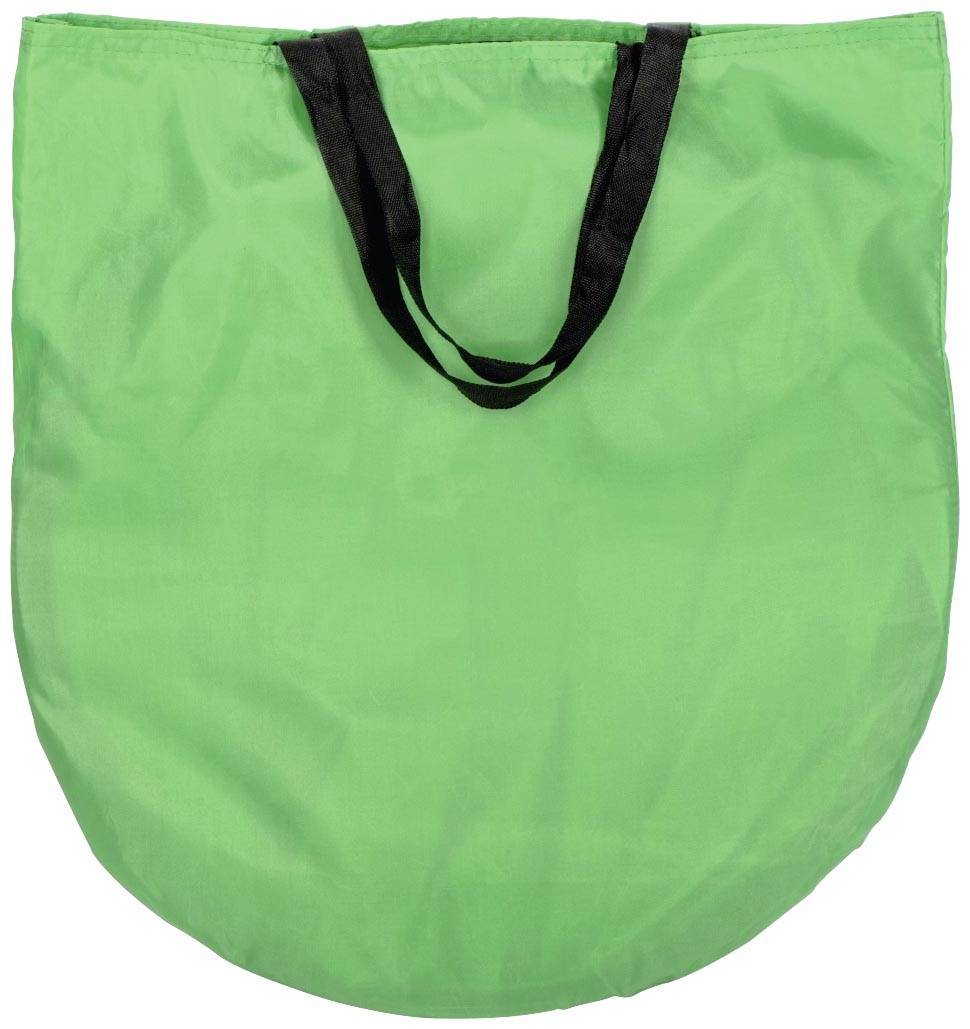 Grüner Einkaufsshopper aus Stoff mit schwarzen Griffen, leer und entfaltet dargestellt.