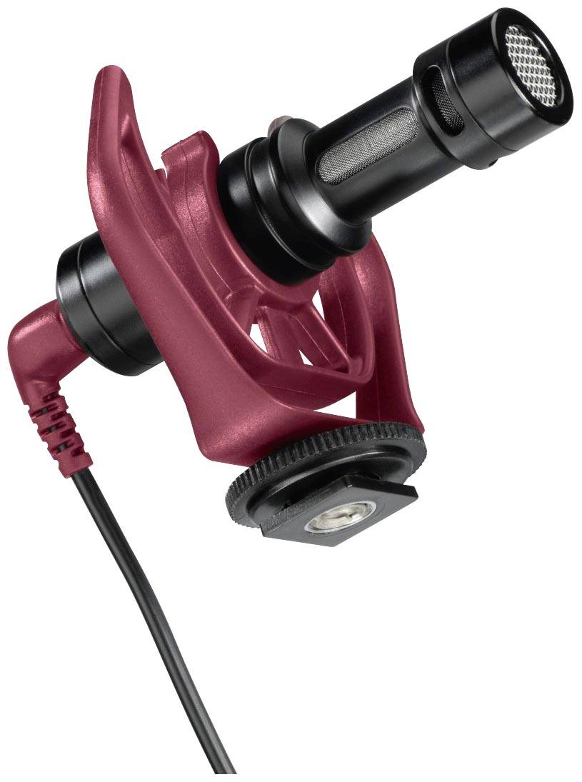 Schwarzes, zylindrisches Mikrofon in rotem Halter mit Anschlusskabel. Eignet sich für Tonaufnahmen oder Podcasting.