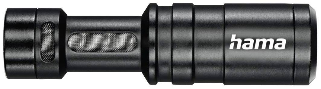Schwarzes, zylindrisches Mikrofon mit dem Aufdruck 'hama' an der Seite.