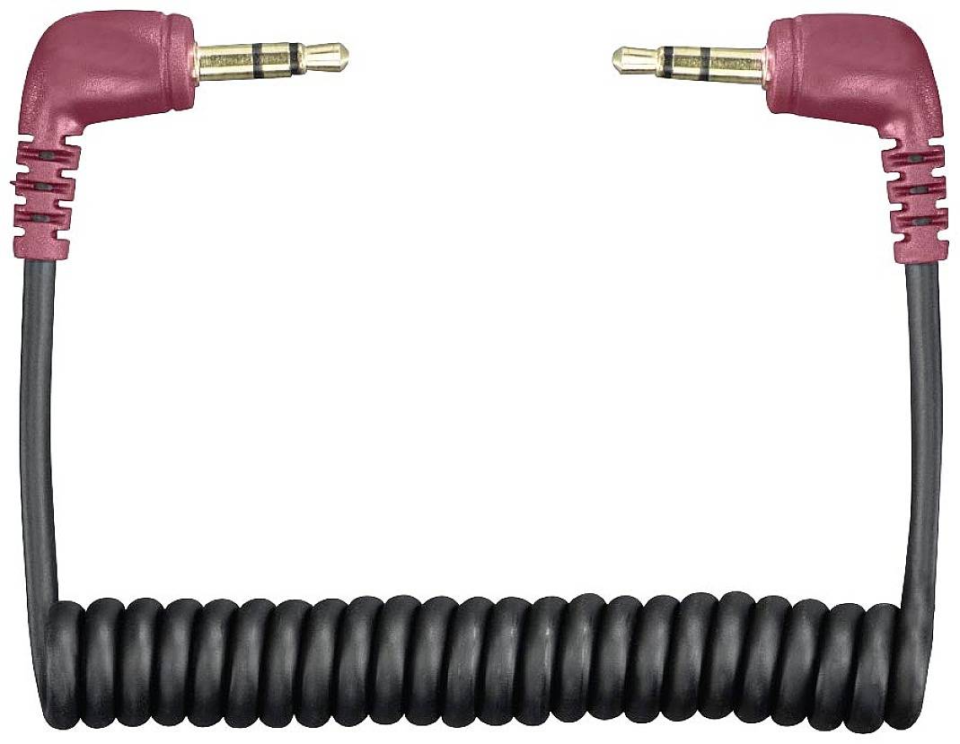 Ein schwarzes, spiralförmiges Audiokabel mit roten Steckverbindern an beiden Enden.