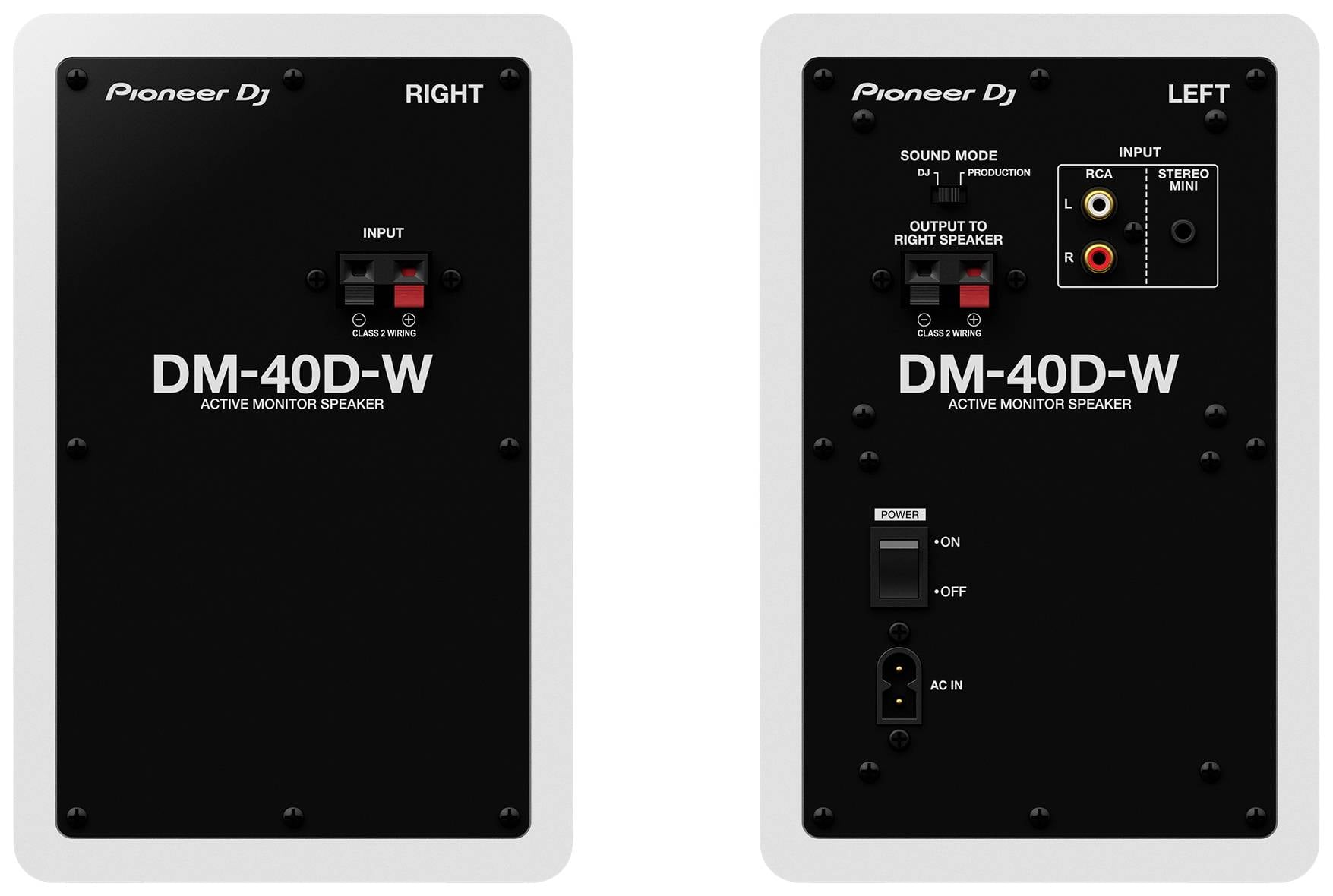 Rückseite zweier aktiver Monitorlautsprecher DM-40D-W von Pioneer DJ mit Anschlüssen für RCA, Stereo Mini und Lautsprecherkabel.