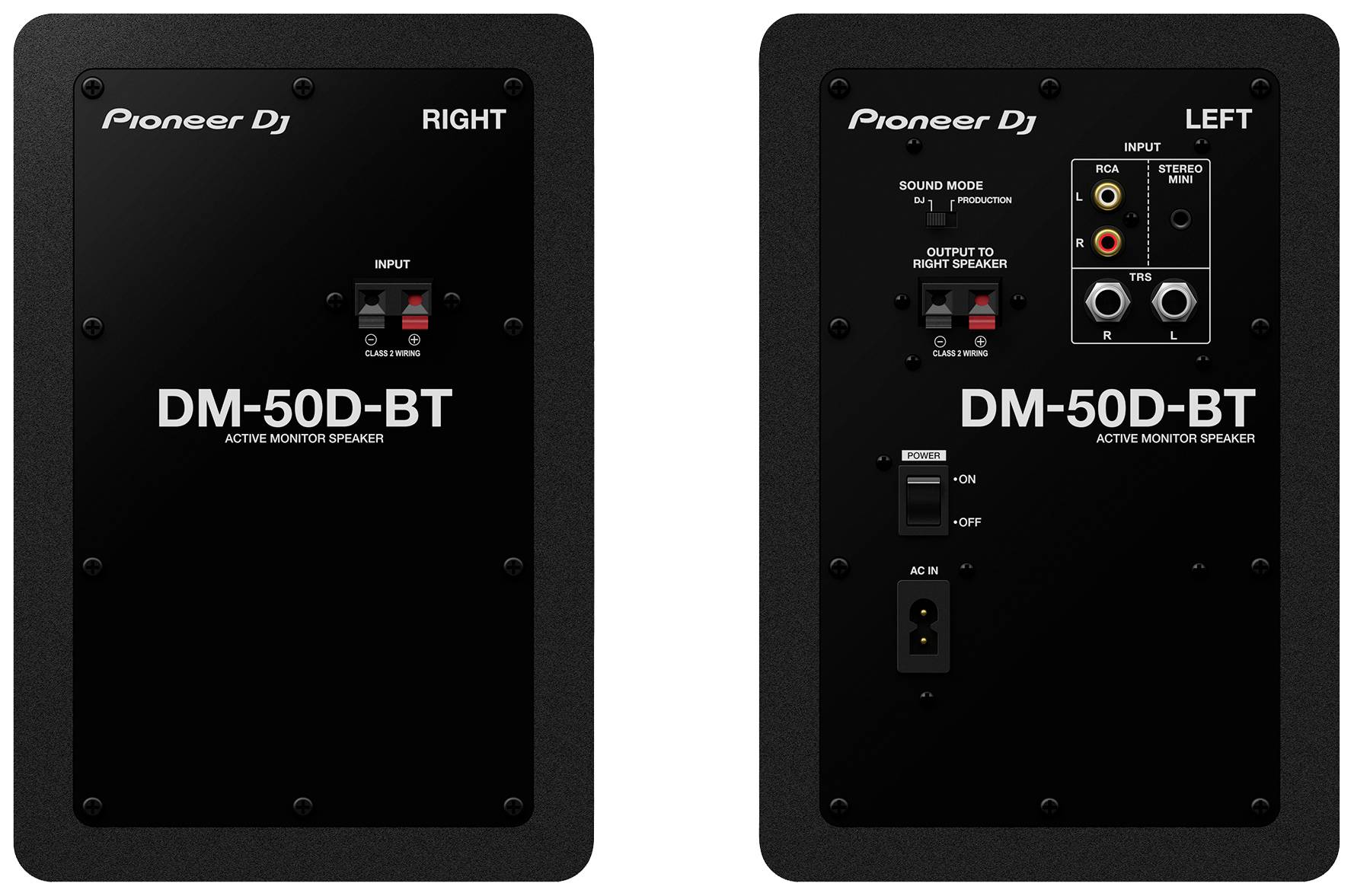 Aktivlautsprecher Pioneer DJ DM-50D-BT, Rückansicht. Linker Lautsprecher mit Anschlüssen und Bedienelementen, rechter Lautsprecher mit Bluetooth-Eingang.