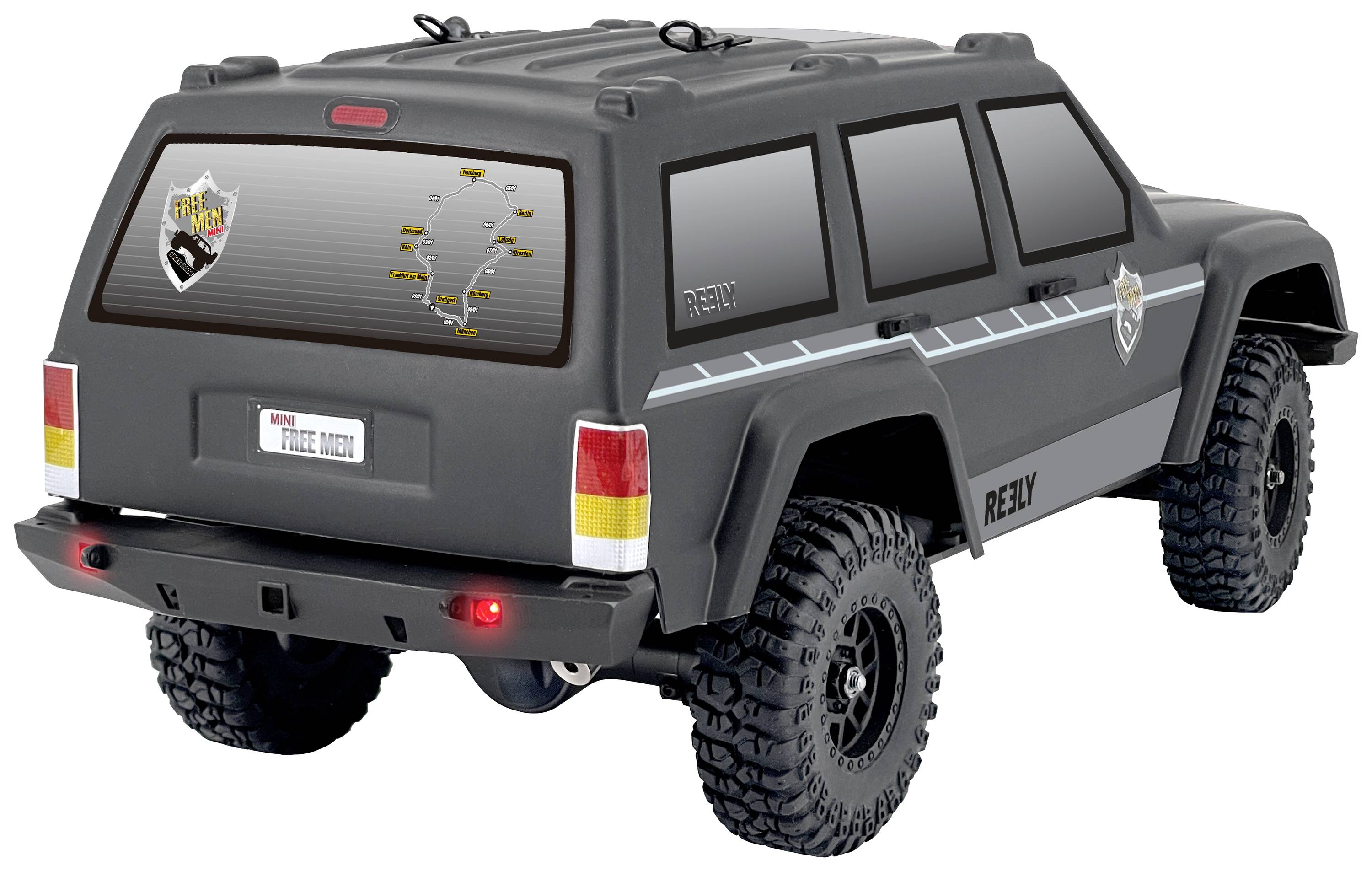 Ein Spielzeug-Geländewagen in Schwarz mit großen Reifen. Aufkleber mit Logo und Karte auf den Fenstern. Rücklichter und Details sichtbar.