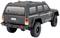 Ein Spielzeug-Geländewagen in Schwarz mit großen Reifen. Aufkleber mit Logo und Karte auf den Fenstern. Rücklichter und Details sichtbar.