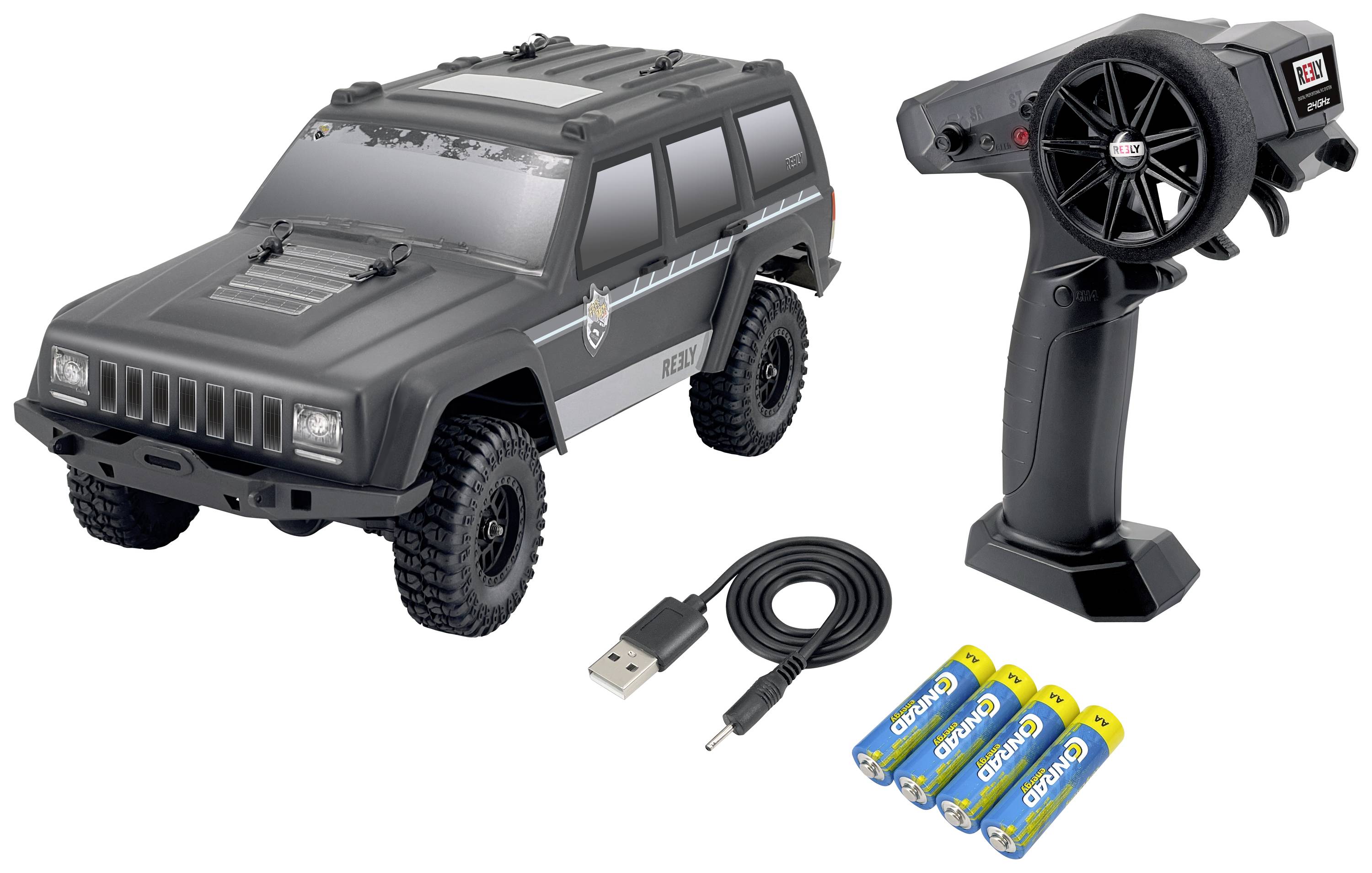 Ferngesteuertes schwarzes Auto-Modell mit Ladegerät, Fernbedienung und Batterien. Geeignet für Kinder oder Hobby-Enthusiasten.