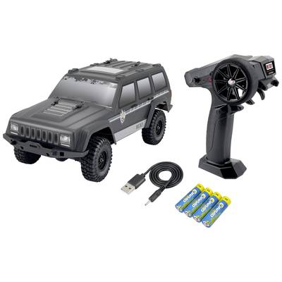 Ferngesteuertes schwarzes Auto-Modell mit Ladegerät, Fernbedienung und Batterien. Geeignet für Kinder oder Hobby-Enthusiasten.