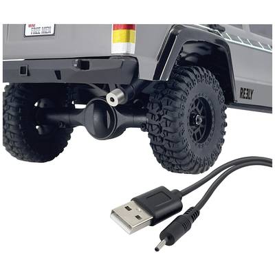 Die Rückseite eines grauen Spielzeug-Geländewagens mit großen Reifen ist zu sehen. Unten ist ein USB-Kabel abgebildet.