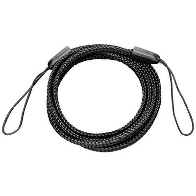 Schwarzes, geflochtenes Kabel mit Schlaufen an beiden Enden, möglicherweise für Sicherungszwecke.
