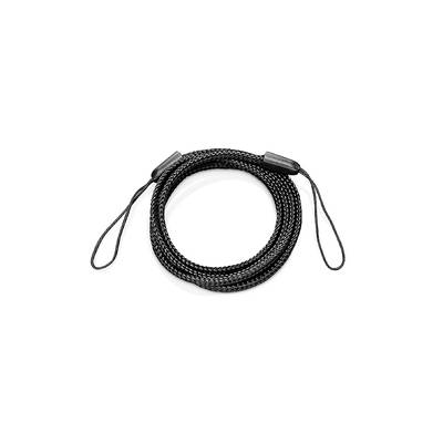 Schwarzes, geflochtenes Kabel mit zwei Schlaufen an den Enden, auf weißem Hintergrund.