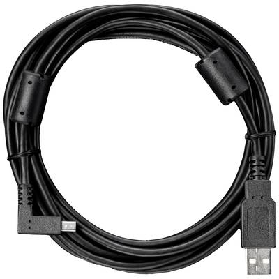 Ein langes schwarzes USB-Kabel mit Ferritkernen an beiden Enden und einem Mikro-USB-Stecker auf der linken Seite.