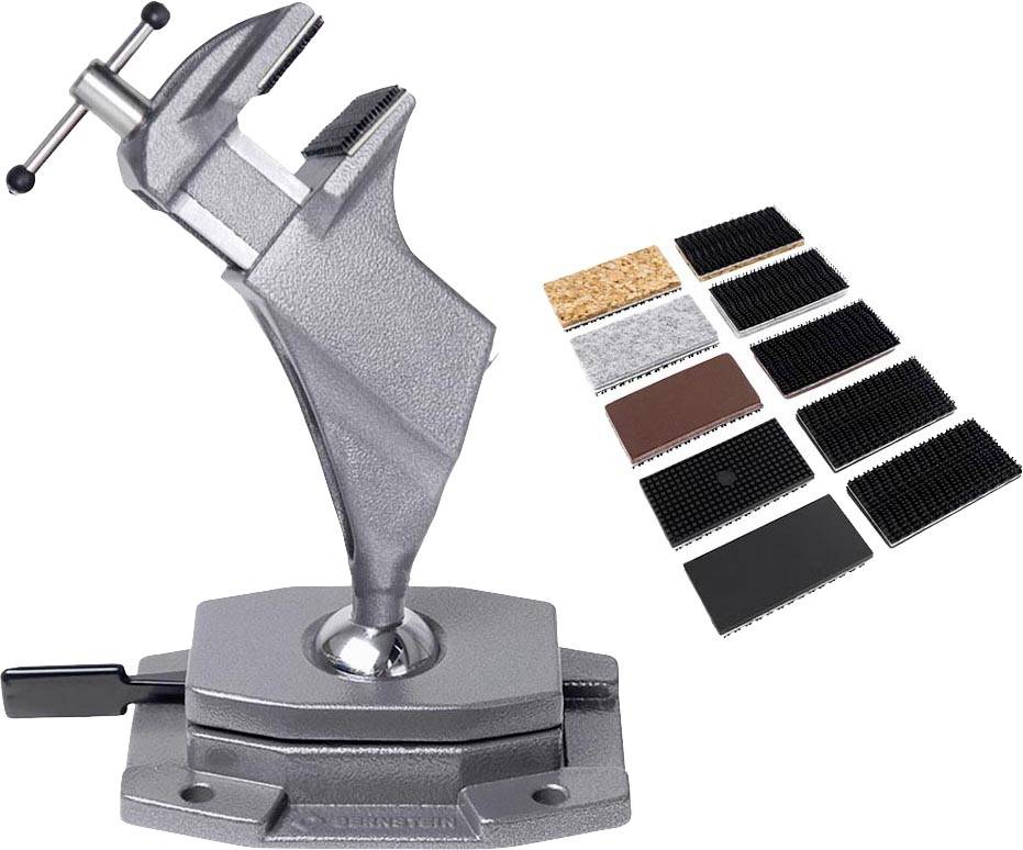 Ein Metall-Schraubstock mit schwenkbarer Basis. Rechts im Bild eine Auswahl von neun Schleifblöcken in verschiedenen Farben und Texturen.