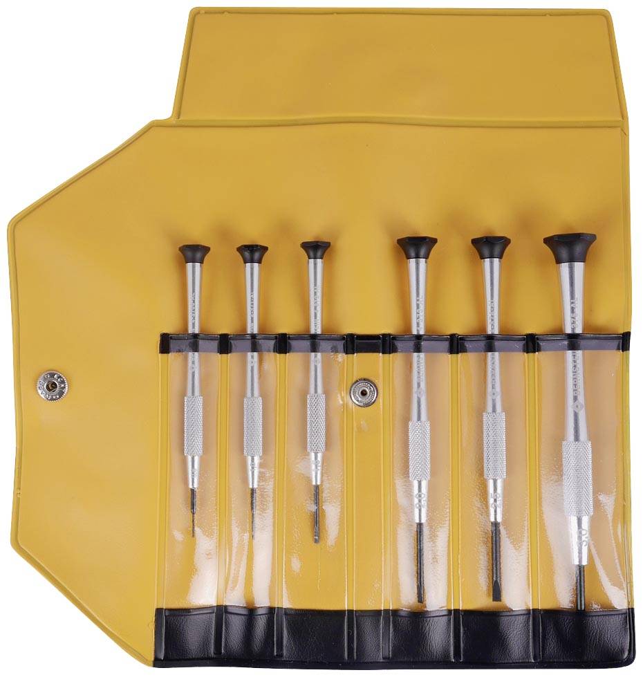 Ein gelbes Etui mit sechs feinen Schraubendrehern in transparenten Taschen, geeignet für präzise Arbeiten an kleinen Objekten.