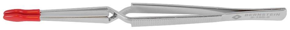Metallpinzette mit geriffelter Oberfläche und roten Kunststoffspitzen, markiert mit 'Bernstein' und Modellnummer links auf den Greifflächen.
