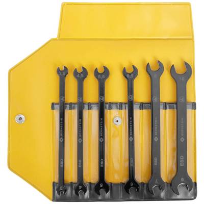 Sechsteiliges Maulschlüssel-Set in gelber Kunststoffhalterung. Größen von 4 bis 10 mm. Werkzeuge sind schwarz und offen.