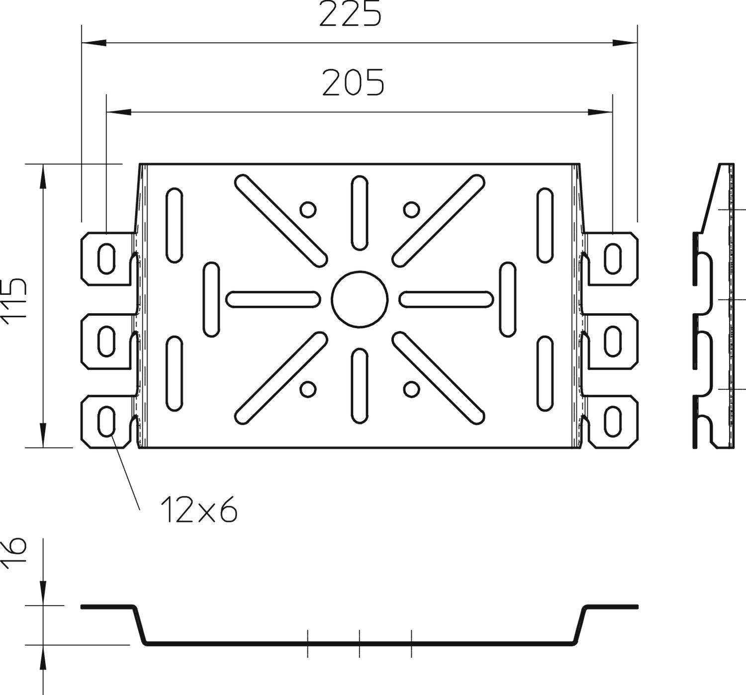 Technische Zeichnung eines rechteckigen Bauteils mit Maßen: 225 x 205 mm und 115 mm Höhe. Seitliche Ansichten und Schraubenlöcher sind gezeigt.