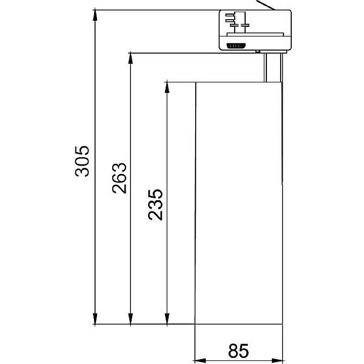 Technische Zeichnung mit Maßen: Gesamthöhe 305 mm, Korpus 263 mm, Höhe der Basis 235 mm, Breite 85 mm.