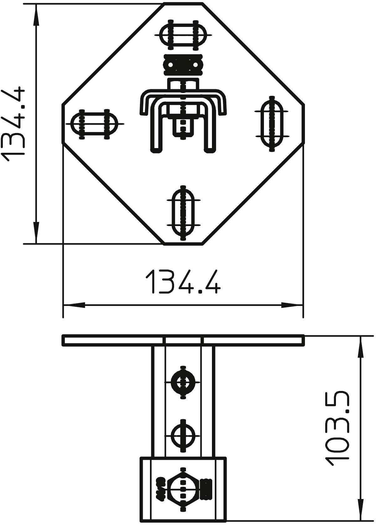 Technische Zeichnung eines Halters mit quadratischer Basis von 134,4 mm und einer Höhe von 103,5 mm, detaillierte Bohrlöcher.