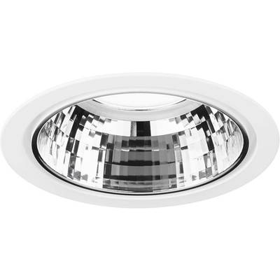 Ein runder LED-Strahler mit reflektierender, gerasterter Innenseite in Silber-Optik, eingebaut in eine weiße Halterung.